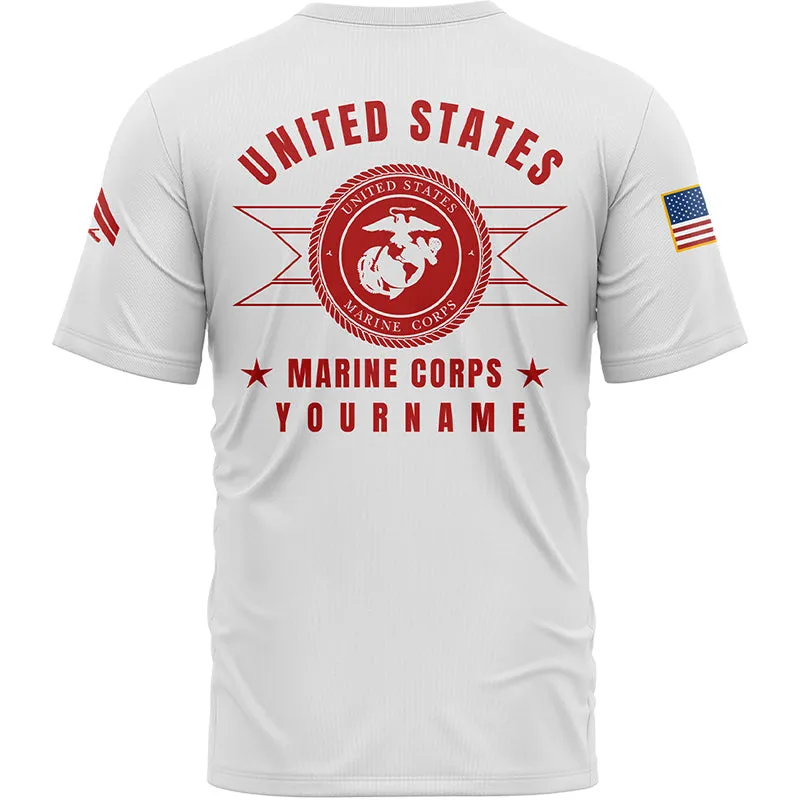 Custom White U.S Marine Corps Military Rank Veteran Name T-Shirt