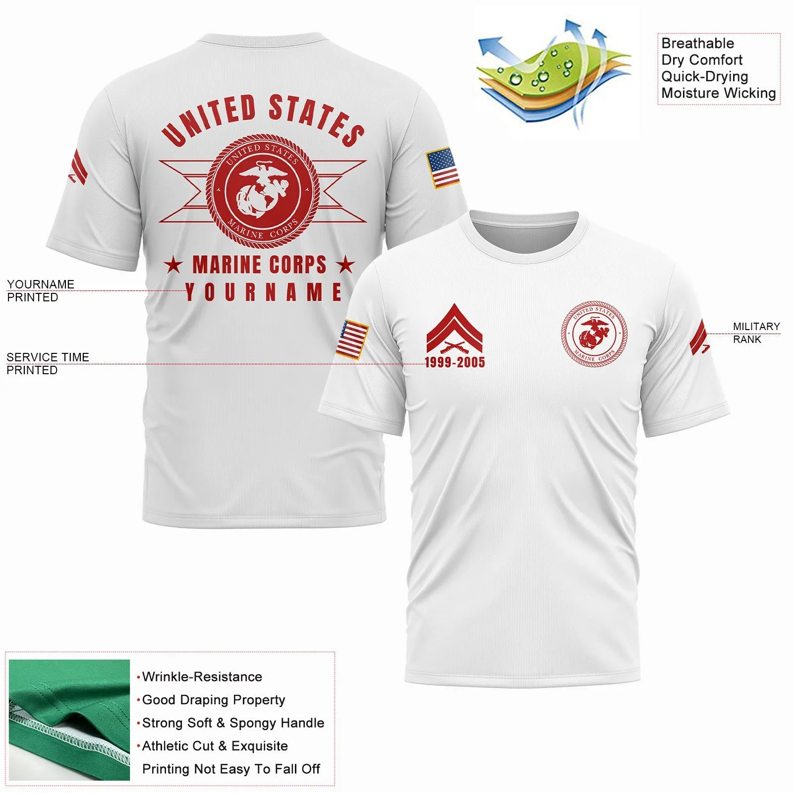 Custom White U.S Marine Corps Military Rank Veteran Name T-Shirt