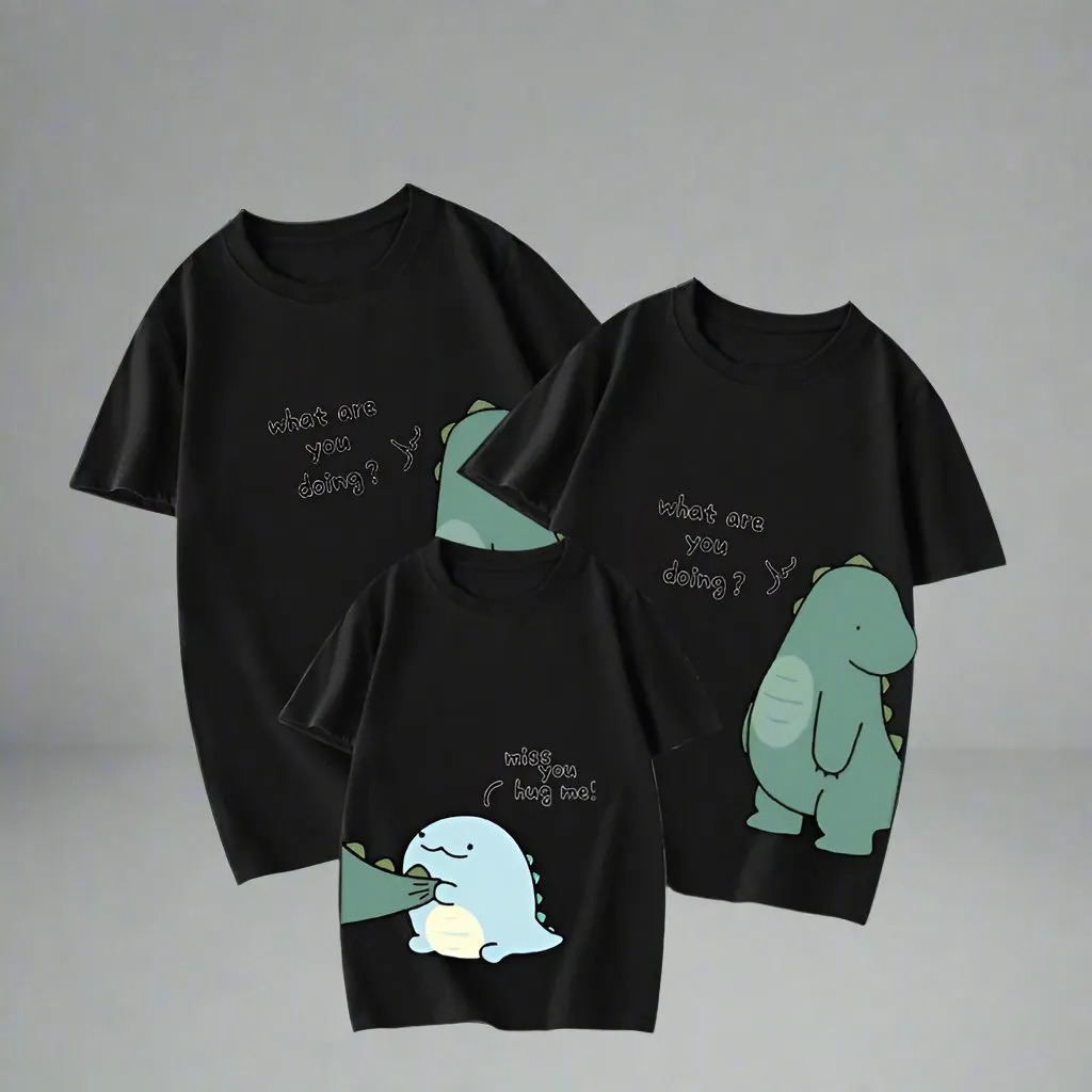 Cute Dinosaur Family Matching T-Shirts - "What Are You Doing?" Hug Design