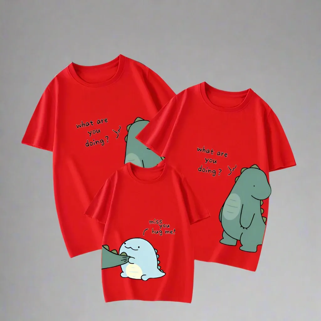 Cute Dinosaur Family Matching T-Shirts - "What Are You Doing?" Hug Design