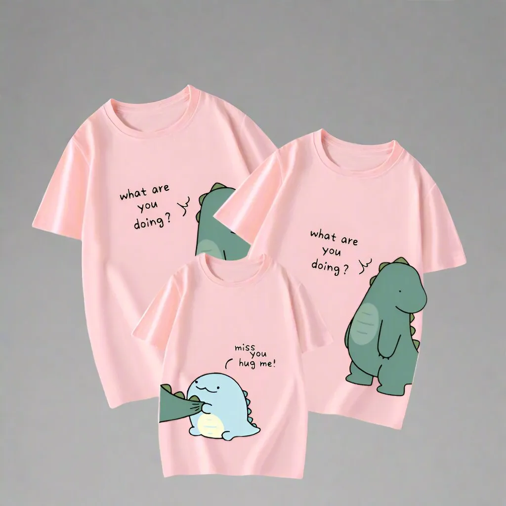 Cute Dinosaur Family Matching T-Shirts - "What Are You Doing?" Hug Design