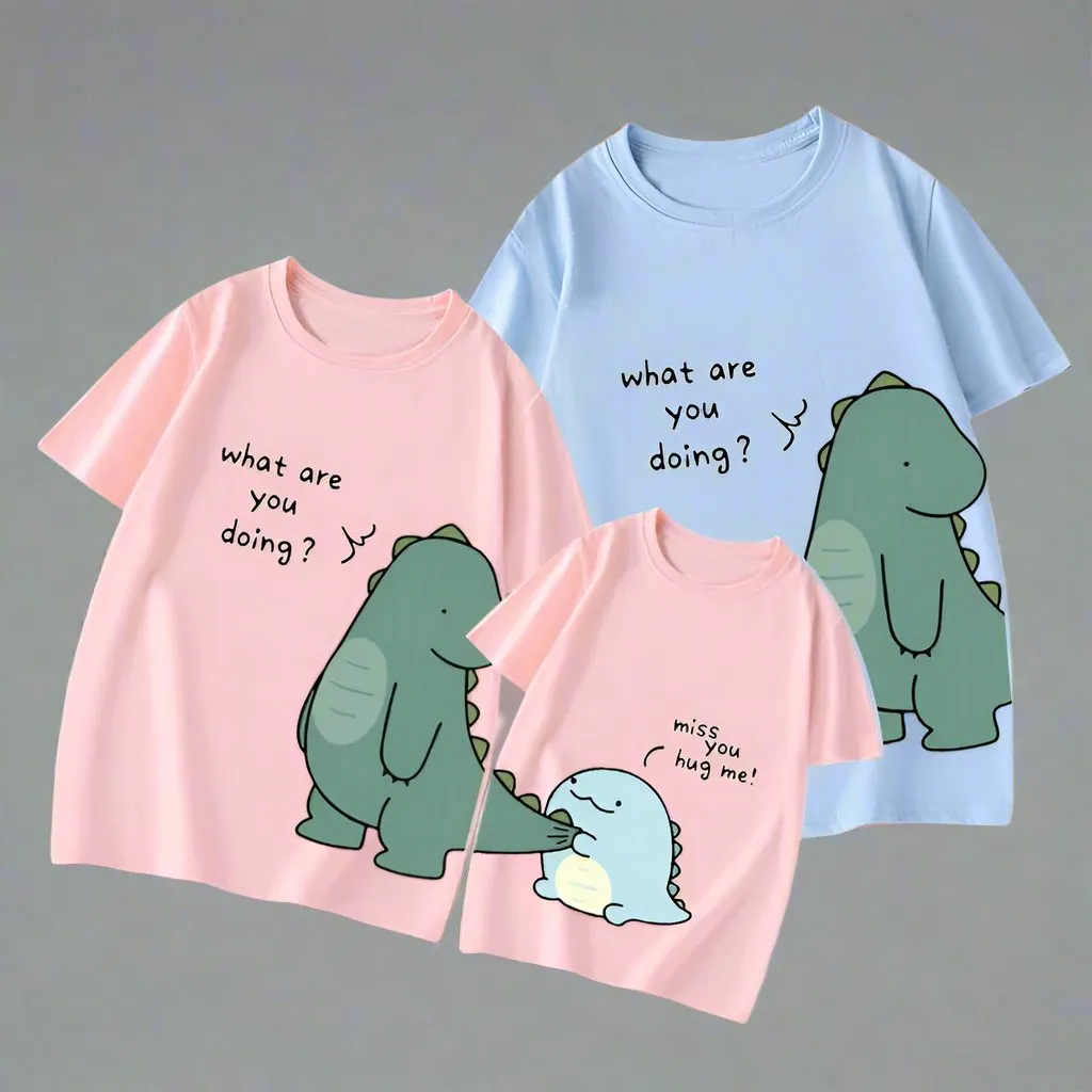 Cute Dinosaur Family Matching T-Shirts - "What Are You Doing?" Hug Design