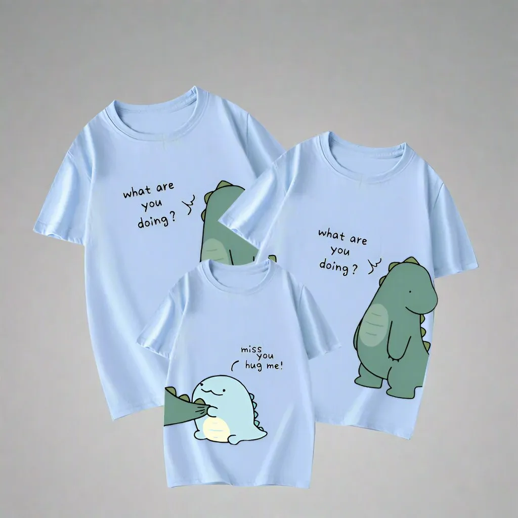 Cute Dinosaur Family Matching T-Shirts - "What Are You Doing?" Hug Design