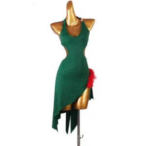 Dark green rhinestones competition latin dance dress for women feather irregular bling skirts stage performance modern dance latin rumba salsa dance costumes