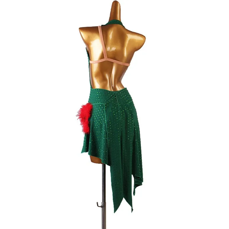 Dark green rhinestones competition latin dance dress for women feather irregular bling skirts stage performance modern dance latin rumba salsa dance costumes