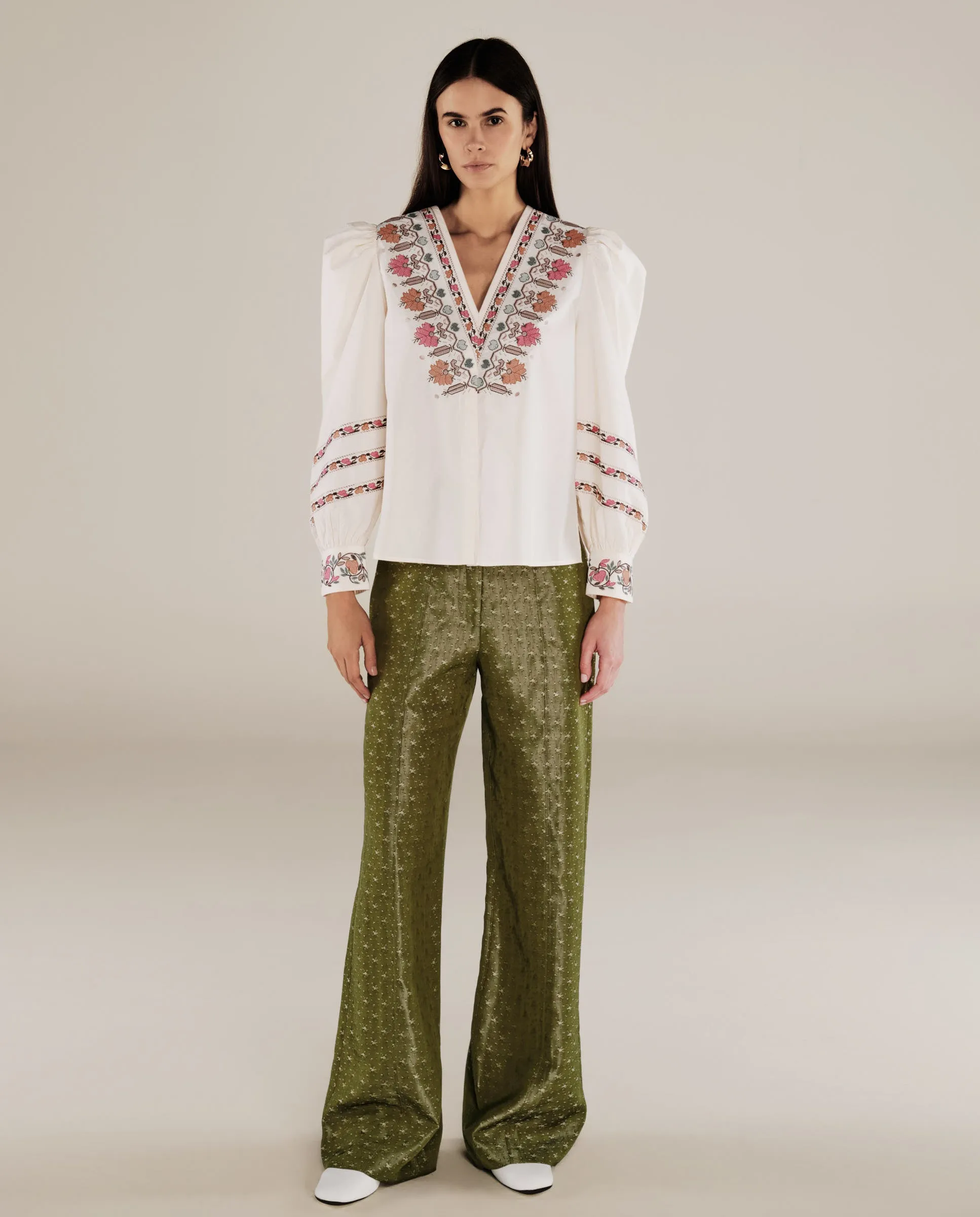 DEVIKA | Cream Flower Embroidery Cotton Blouse