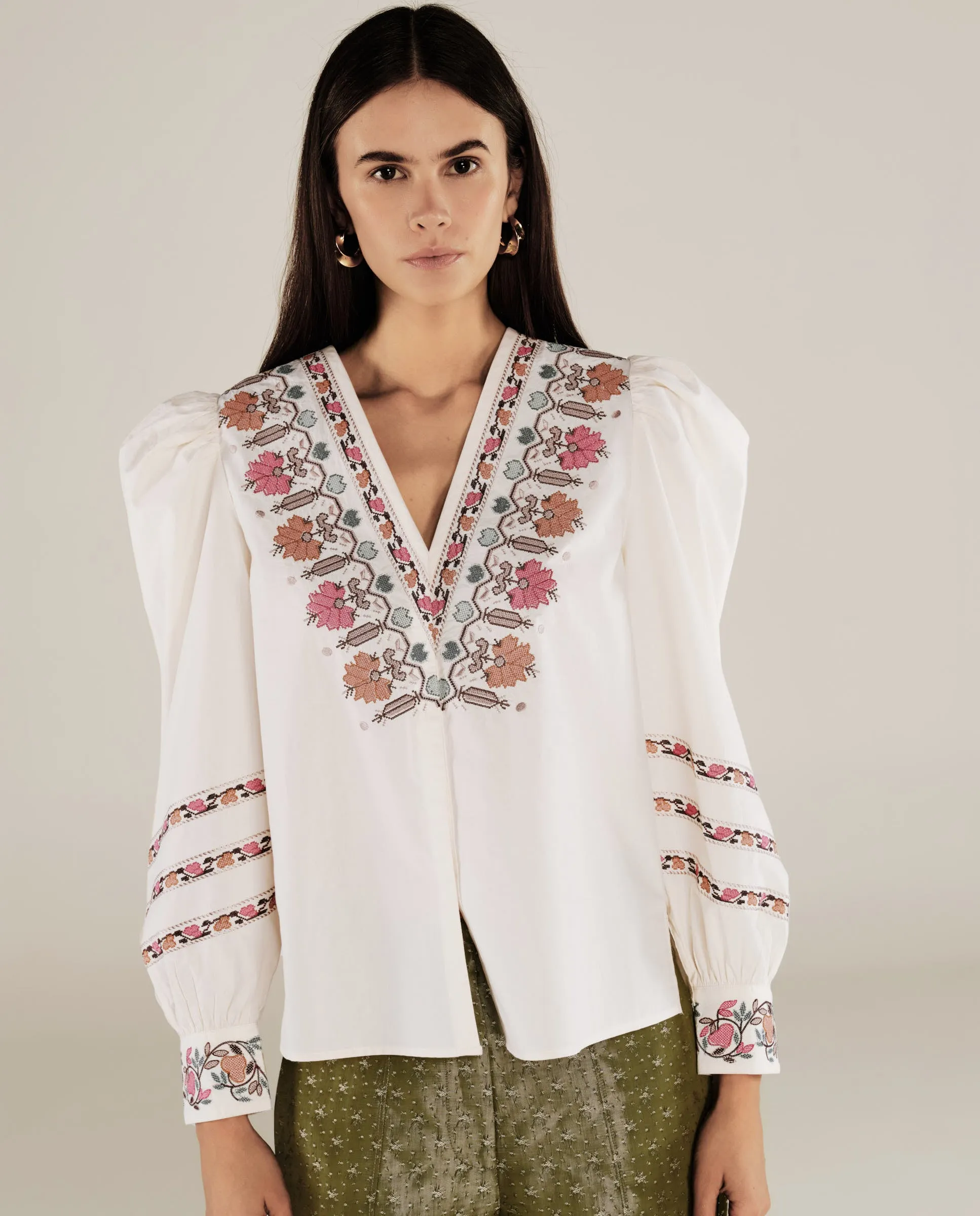 DEVIKA | Cream Flower Embroidery Cotton Blouse