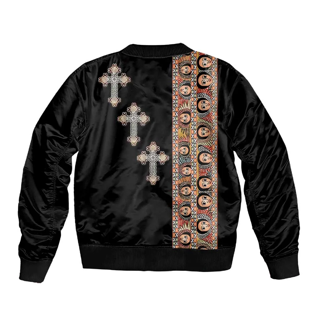 Ethiopia Angels Tilet With Cross Sleeve Zip Bomber Jacket Black Color LT15