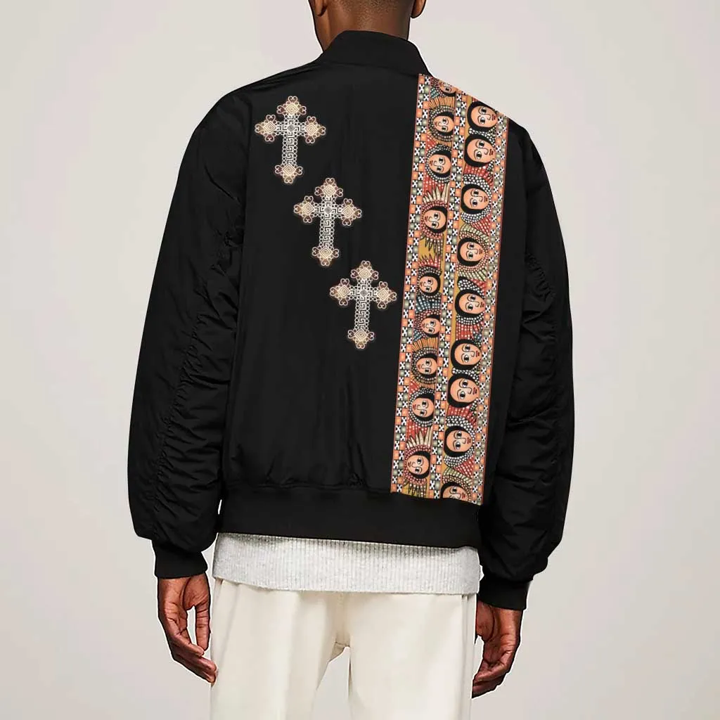 Ethiopia Angels Tilet With Cross Sleeve Zip Bomber Jacket Black Color LT15