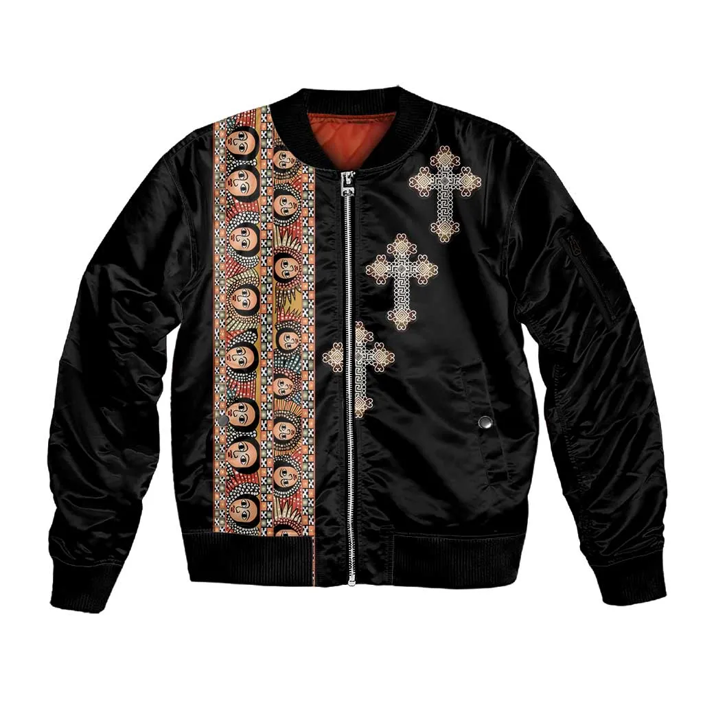 Ethiopia Angels Tilet With Cross Sleeve Zip Bomber Jacket Black Color LT15