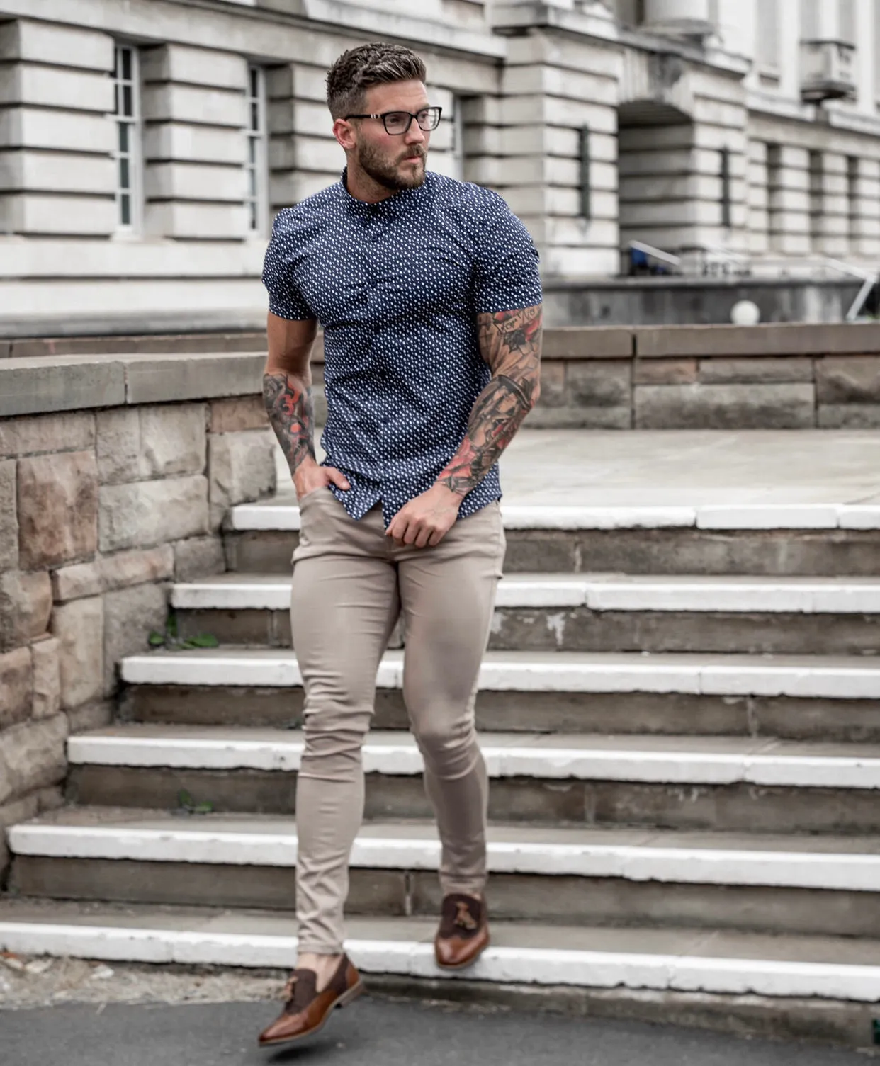 Father Sons Super Slim Stretch Blue & White Multi Square Print Short Sleeve - FS696