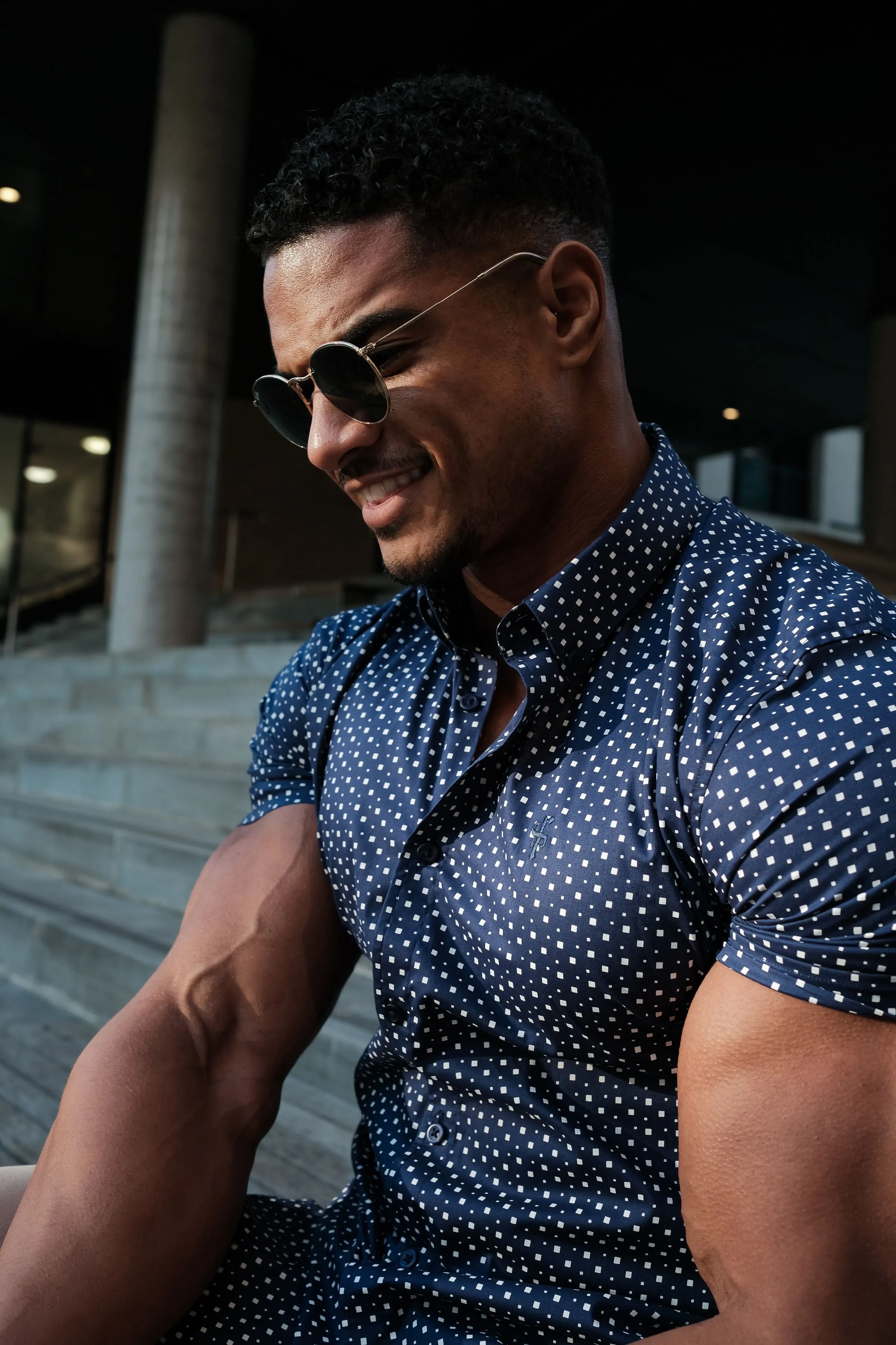 Father Sons Super Slim Stretch Blue & White Multi Square Print Short Sleeve - FS696
