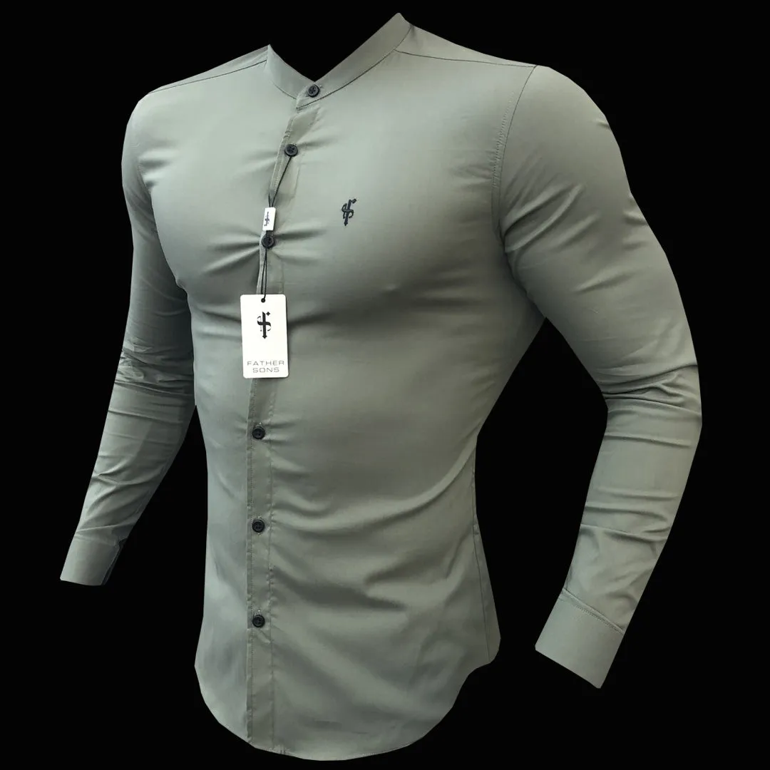 Father Sons Super Slim Stretch Classic Khaki Grandad Collar - FS296