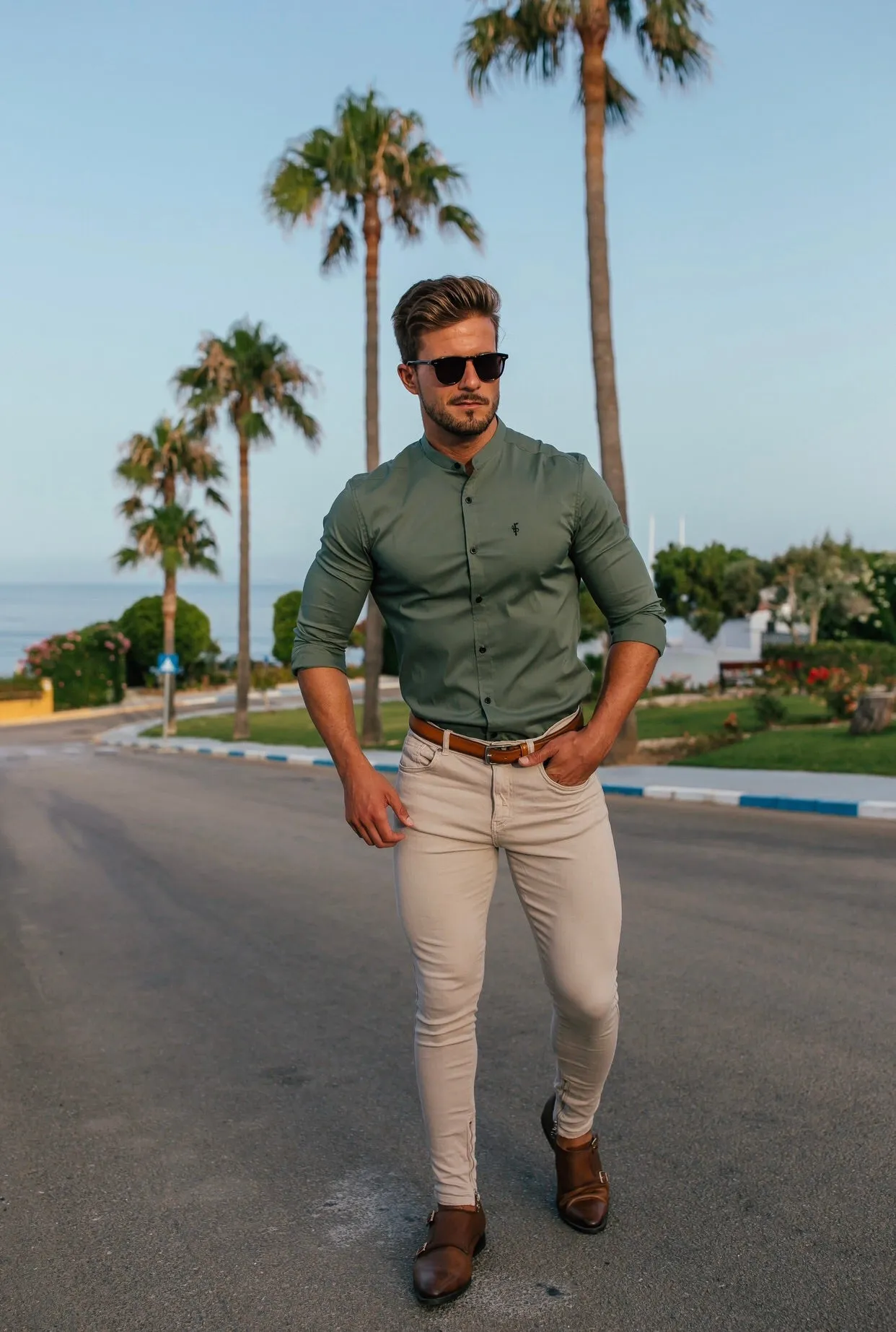 Father Sons Super Slim Stretch Classic Khaki Grandad Collar - FS296