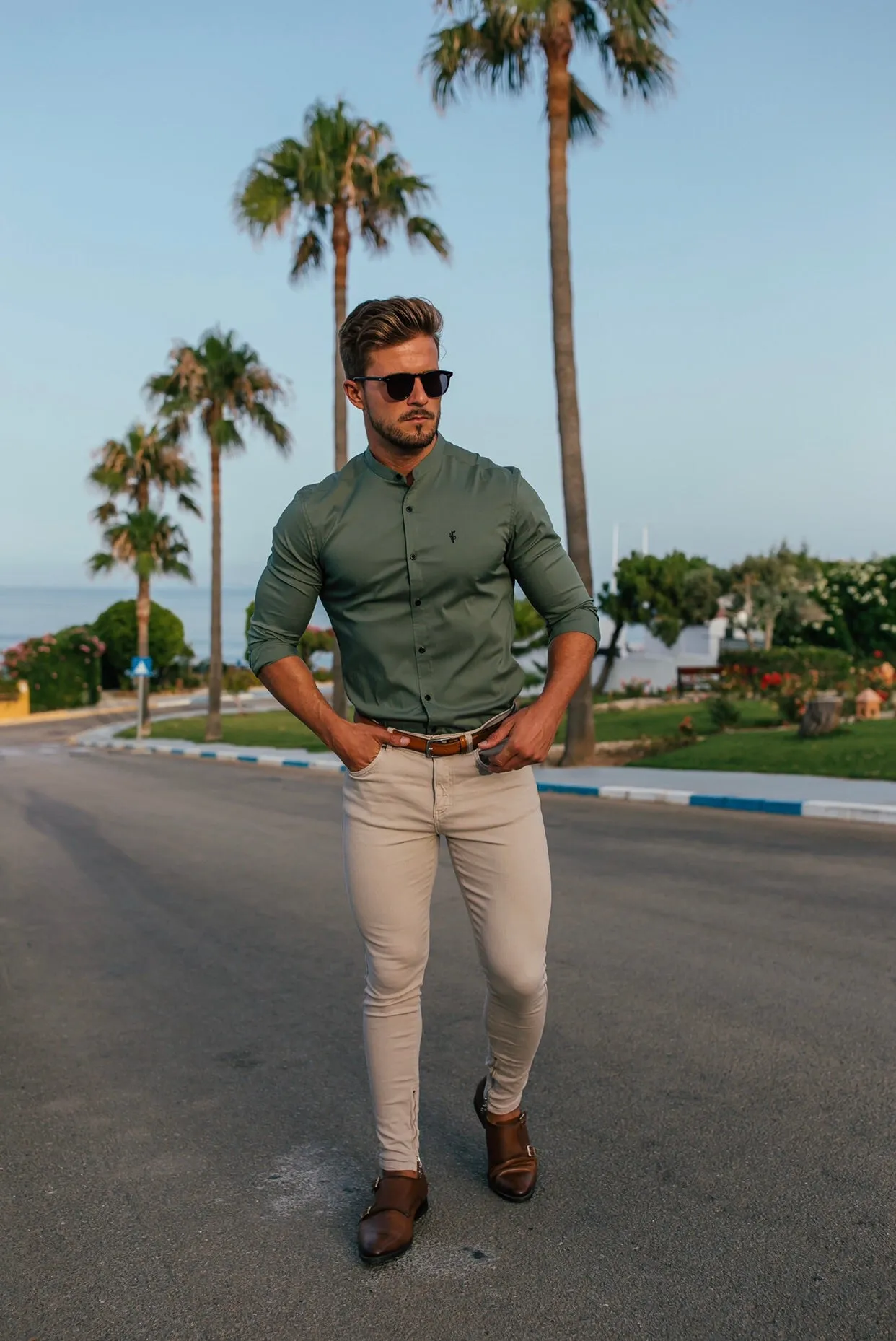 Father Sons Super Slim Stretch Classic Khaki Grandad Collar - FS296