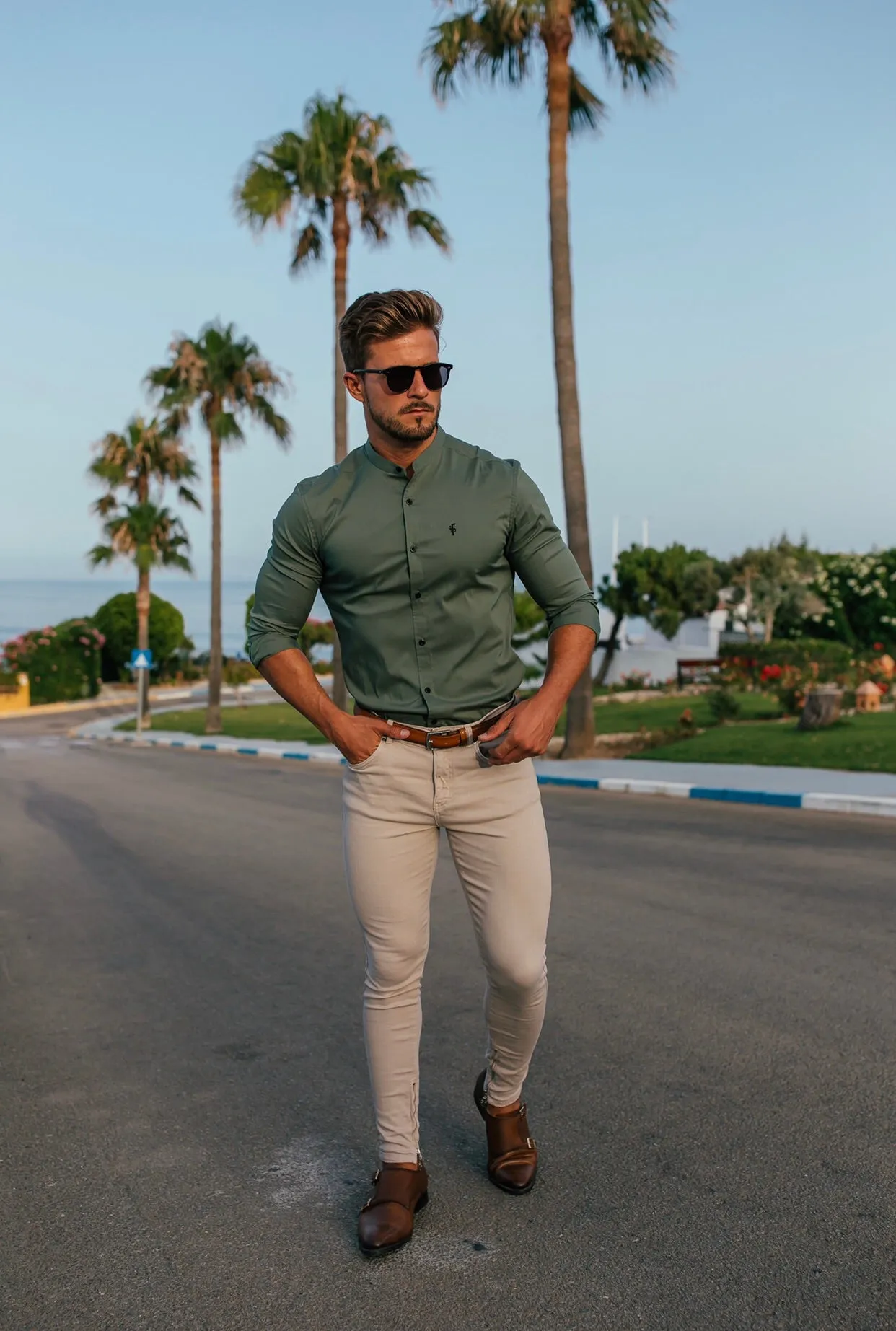 Father Sons Super Slim Stretch Classic Khaki Grandad Collar - FS296