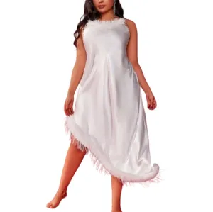 Faux Feather Trim White Sleeveless Asymmetrical PJ Sleepwear Satin Dress, 22-24