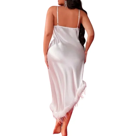 Faux Feather Trim White Sleeveless Asymmetrical PJ Sleepwear Satin Dress, 22-24