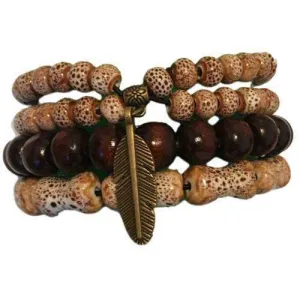 Feather Charm With Cream Ceramic And Wooden Bead Hippie Bracelet Set