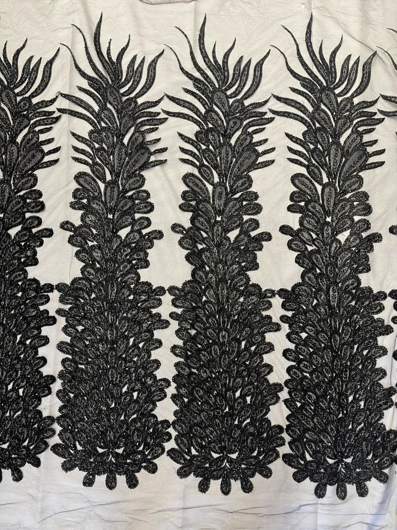 Feather Design Heavy Beaded Embroidery On a Mesh Fabric-Sold By The Panel- Black