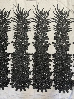 Feather Design Heavy Beaded Embroidery On a Mesh Fabric-Sold By The Panel- Black
