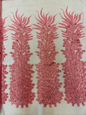 Feather Design Heavy Beaded Embroidery On a Mesh Fabric-Sold By The Panel- Dusty Rose