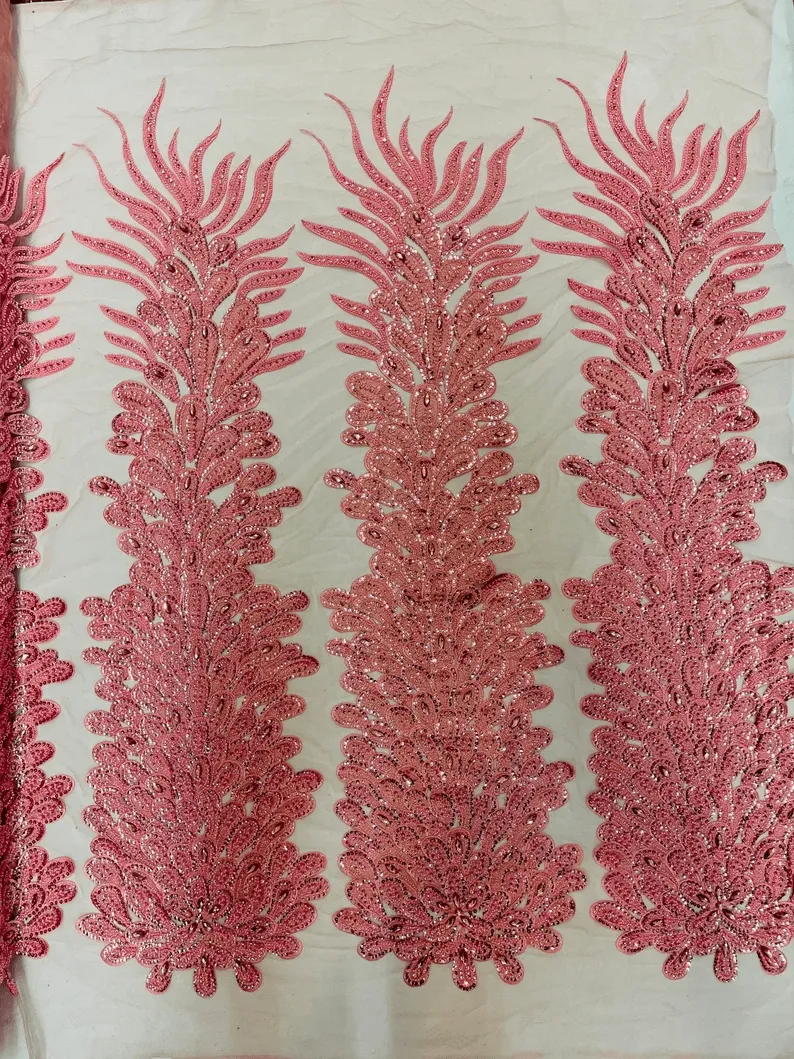 Feather Design Heavy Beaded Embroidery On a Mesh Fabric-Sold By The Panel- Dusty Rose