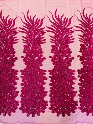 Feather Design Heavy Beaded Embroidery On a Mesh Fabric-Sold By The Panel- Fuchsia