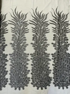 Feather Design Heavy Beaded Embroidery On a Mesh Fabric-Sold By The Panel- Gray