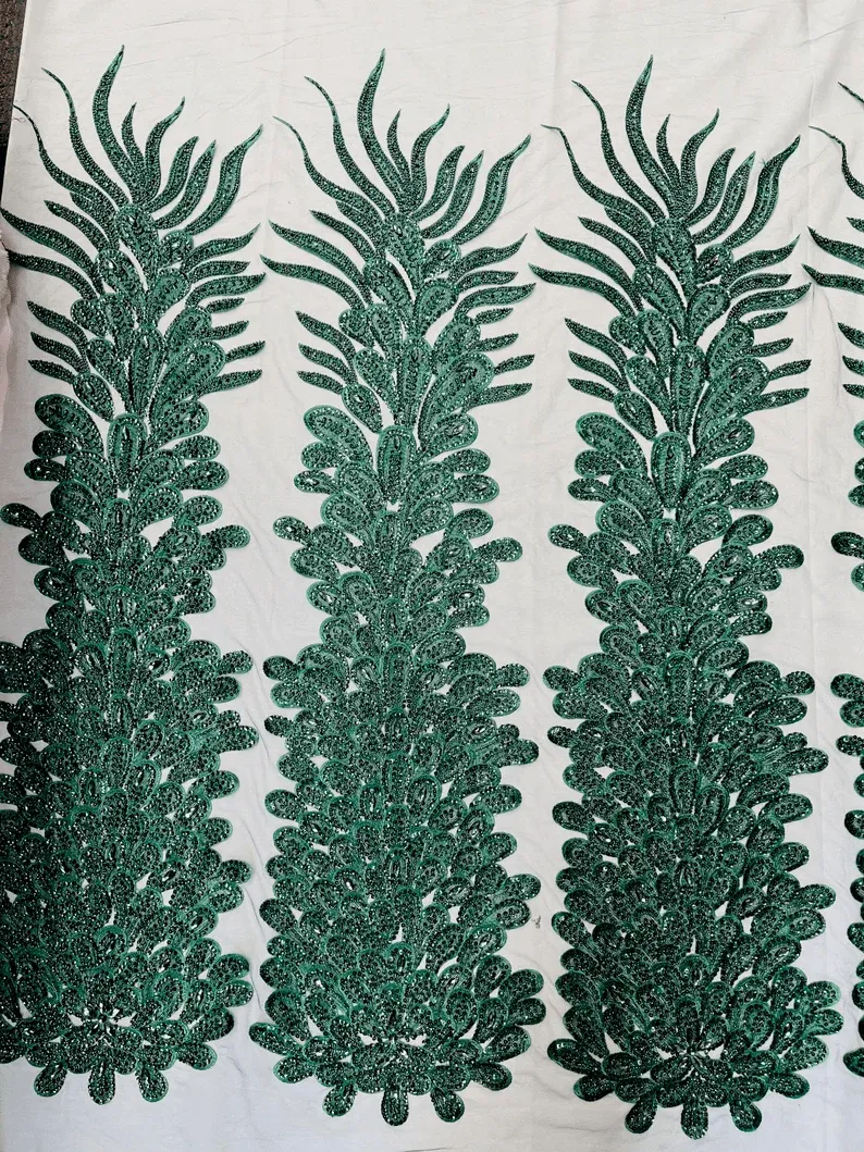 Feather Design Heavy Beaded Embroidery On a Mesh Fabric-Sold By The Panel- Hunter