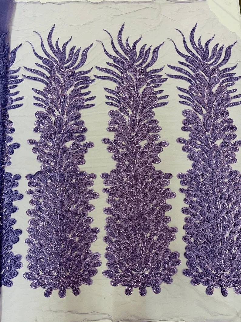 Feather Design Heavy Beaded Embroidery On a Mesh Fabric-Sold By The Panel- Lavender