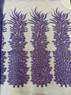 Feather Design Heavy Beaded Embroidery On a Mesh Fabric-Sold By The Panel- Lavender