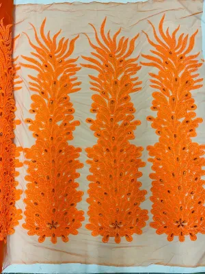 Feather Design Heavy Beaded Embroidery On a Mesh Fabric-Sold By The Panel- Neon Orange