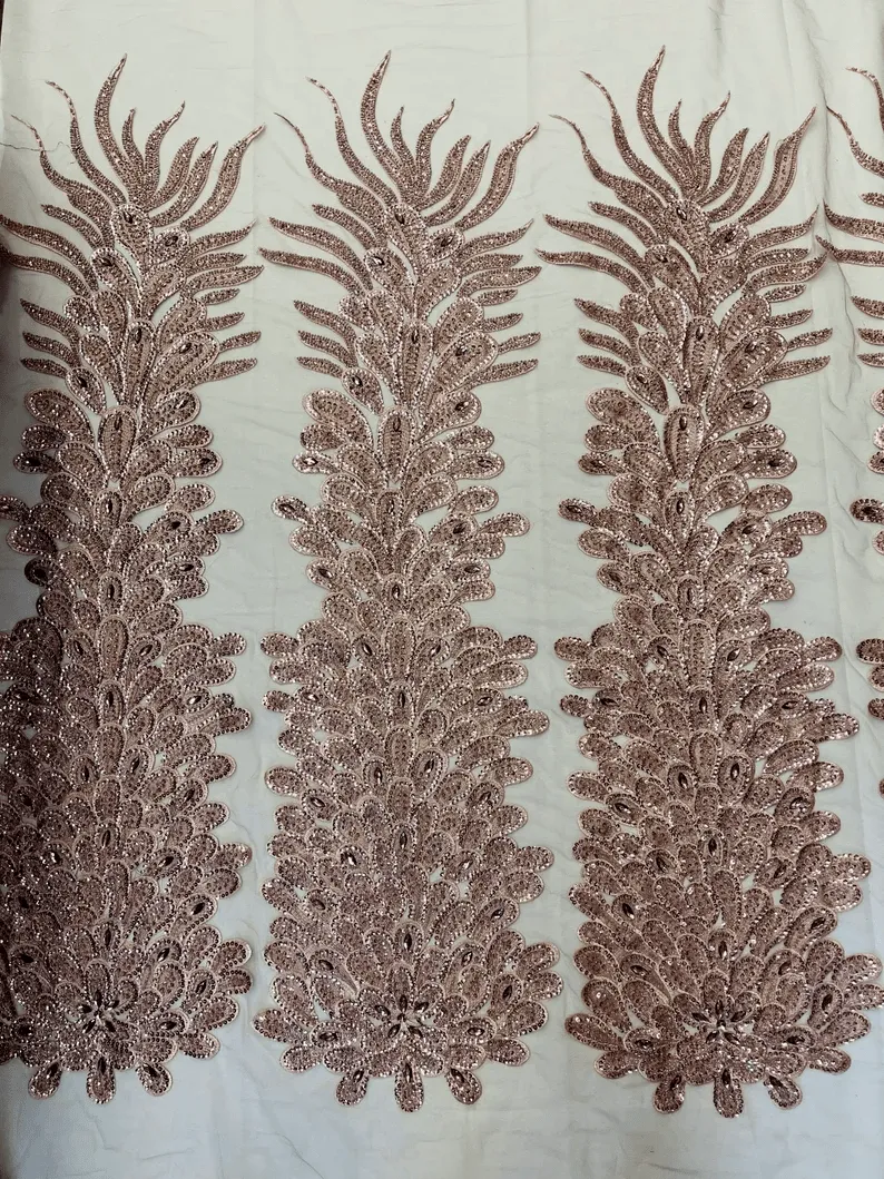 Feather Design Heavy Beaded Embroidery On a Mesh Fabric-Sold By The Panel- Rose Gold