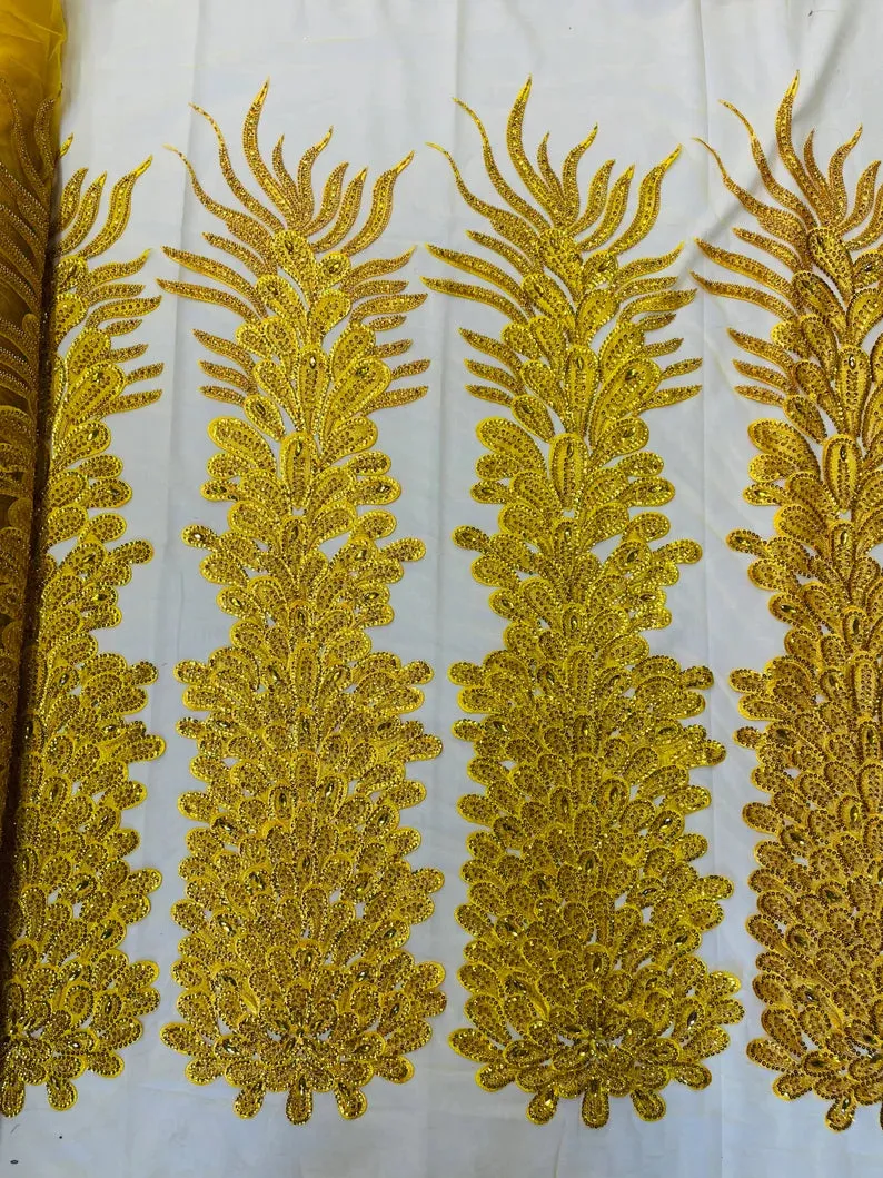 Feather Design Heavy Beaded Embroidery On a Mesh Fabric-Sold By The Panel- Yellow