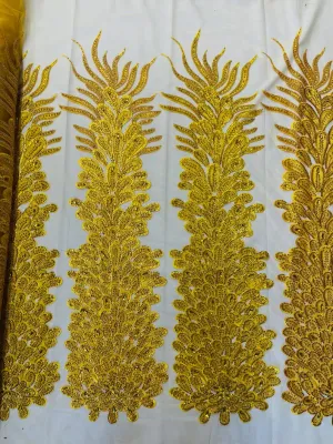 Feather Design Heavy Beaded Embroidery On a Mesh Fabric-Sold By The Panel- Yellow