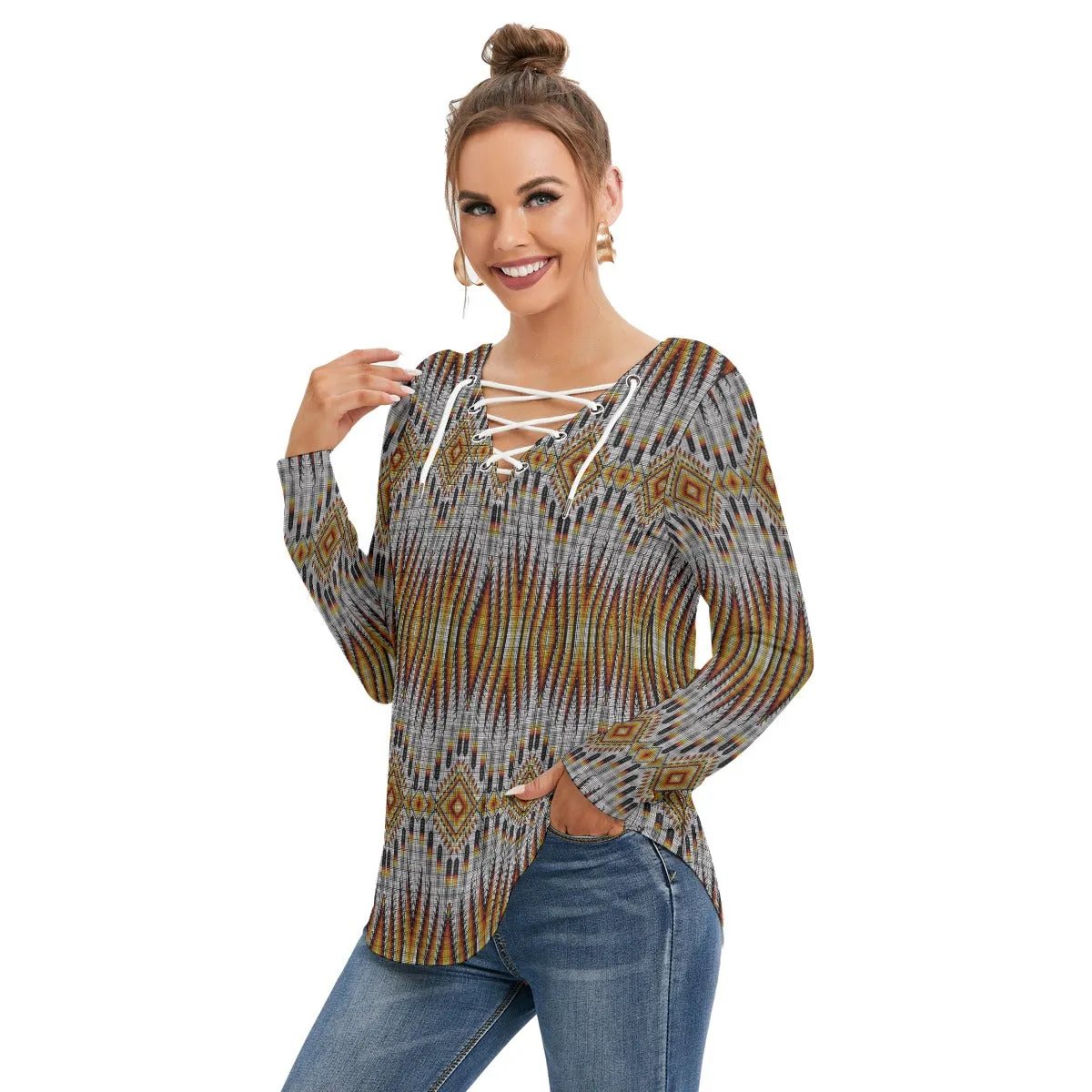 Fire Feather White Women's Long Sleeve Neckline Tie Sweatshirt