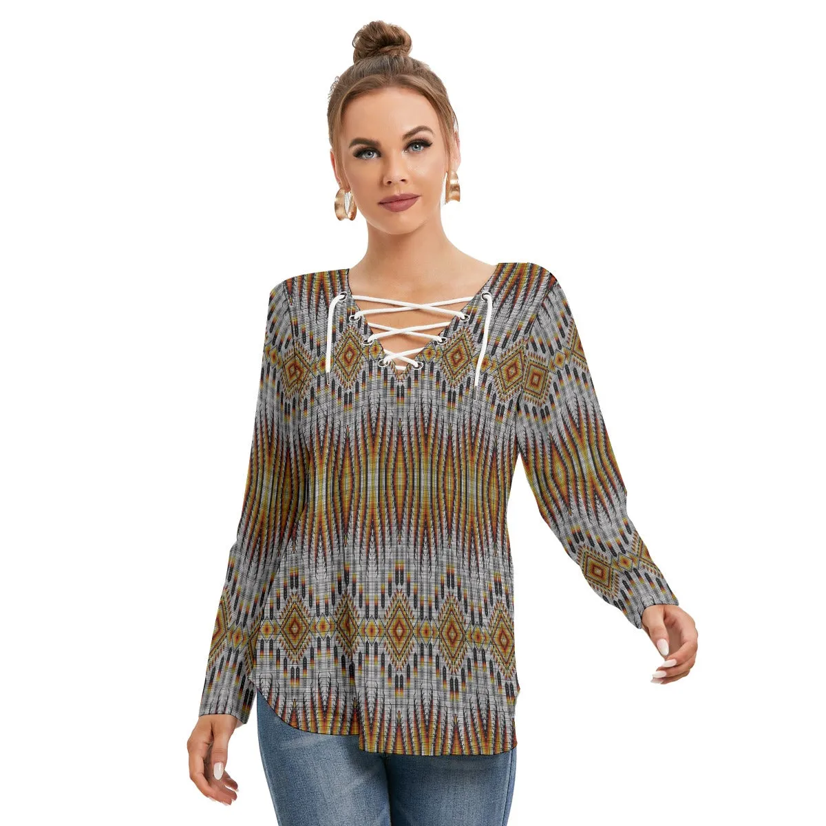 Fire Feather White Women's Long Sleeve Neckline Tie Sweatshirt