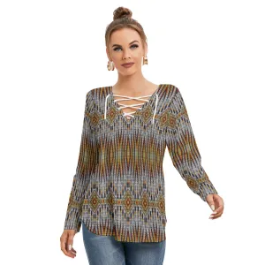Fire Feather White Women's Long Sleeve Neckline Tie Sweatshirt