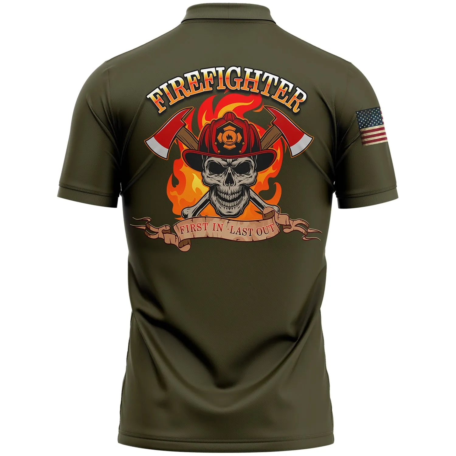 Firefighter First In Last Out Custom Olive American Patriot Name Golf Polo Shirt