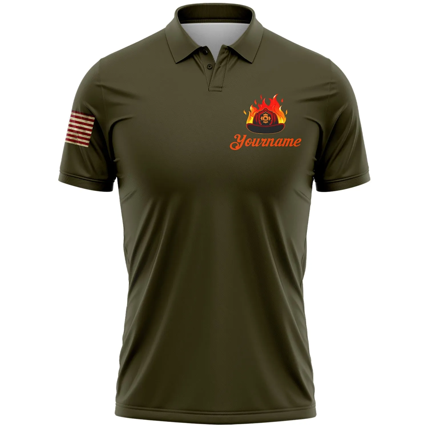Firefighter First In Last Out Custom Olive American Patriot Name Golf Polo Shirt