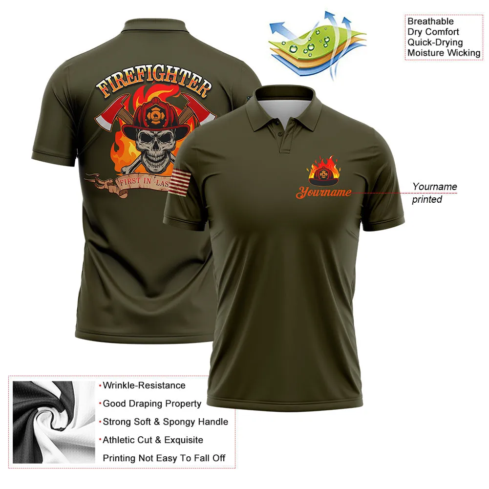 Firefighter First In Last Out Custom Olive American Patriot Name Golf Polo Shirt