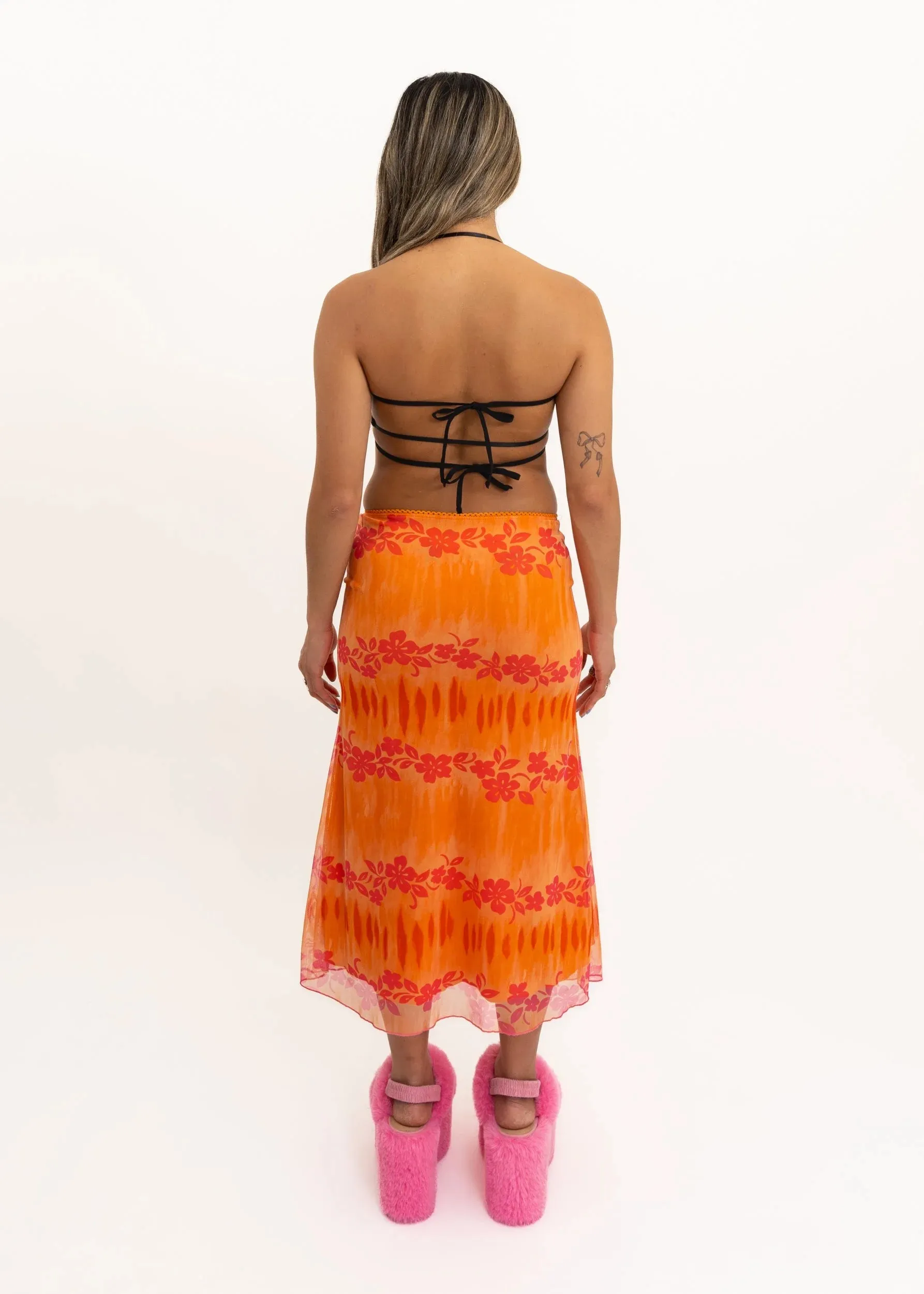 Floral mesh midi skirt