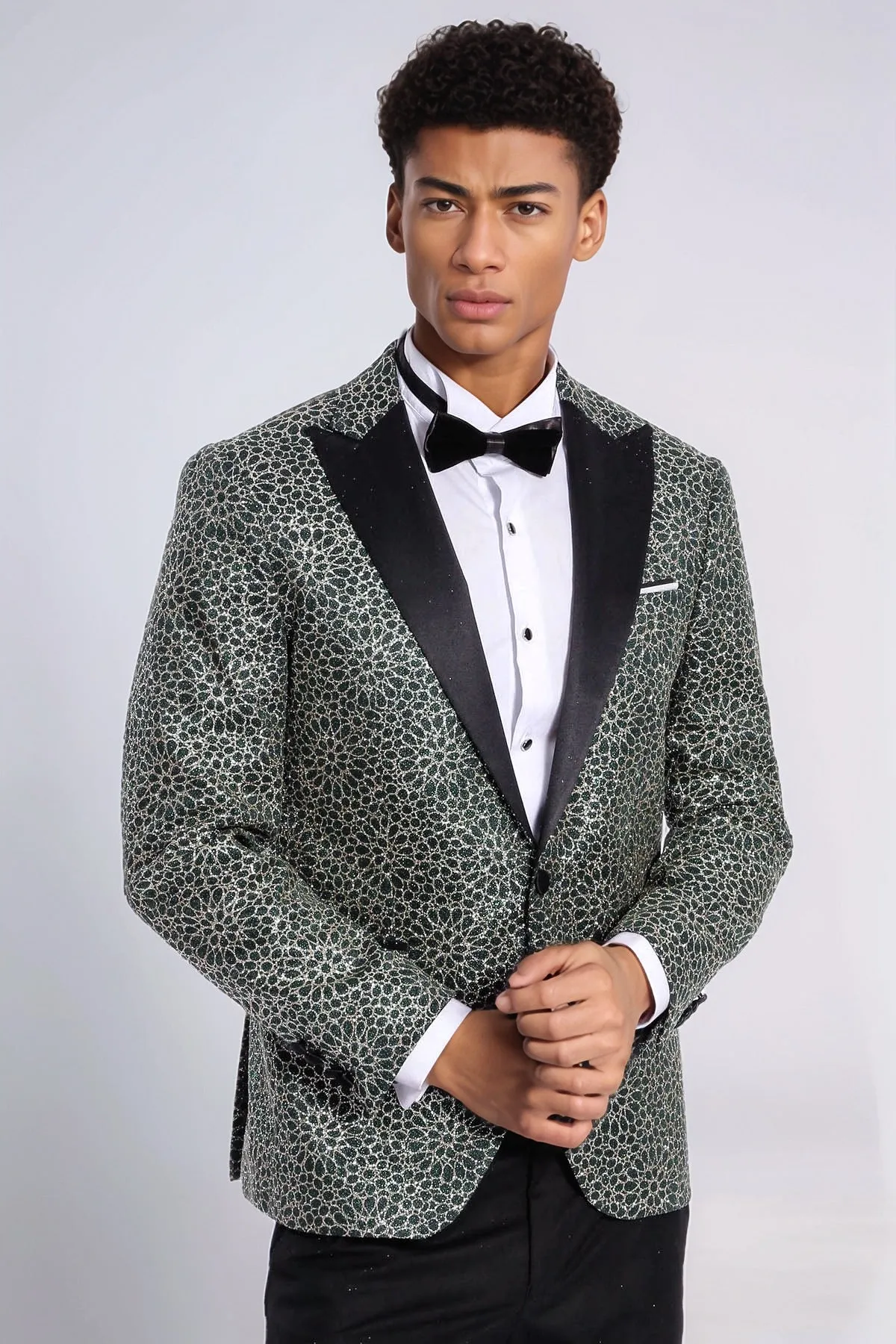 Flower Embroidered Pattern Green Men Prom Blazer - Wessi