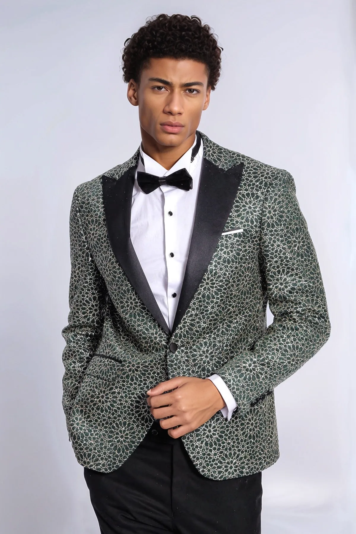 Flower Embroidered Pattern Green Men Prom Blazer - Wessi