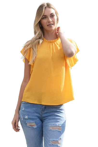 Fold Frill Neckline Butterfly Sleeve Solid Top Yellow Mango - Pack of 6