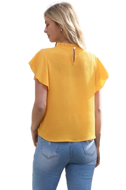 Fold Frill Neckline Butterfly Sleeve Solid Top Yellow Mango - Pack of 6