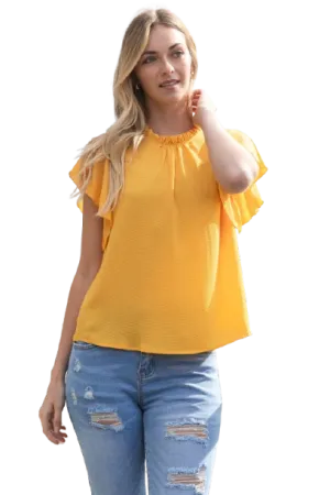 Fold Frill Neckline Butterfly Sleeve Solid Top Yellow Mango - Pack of 6