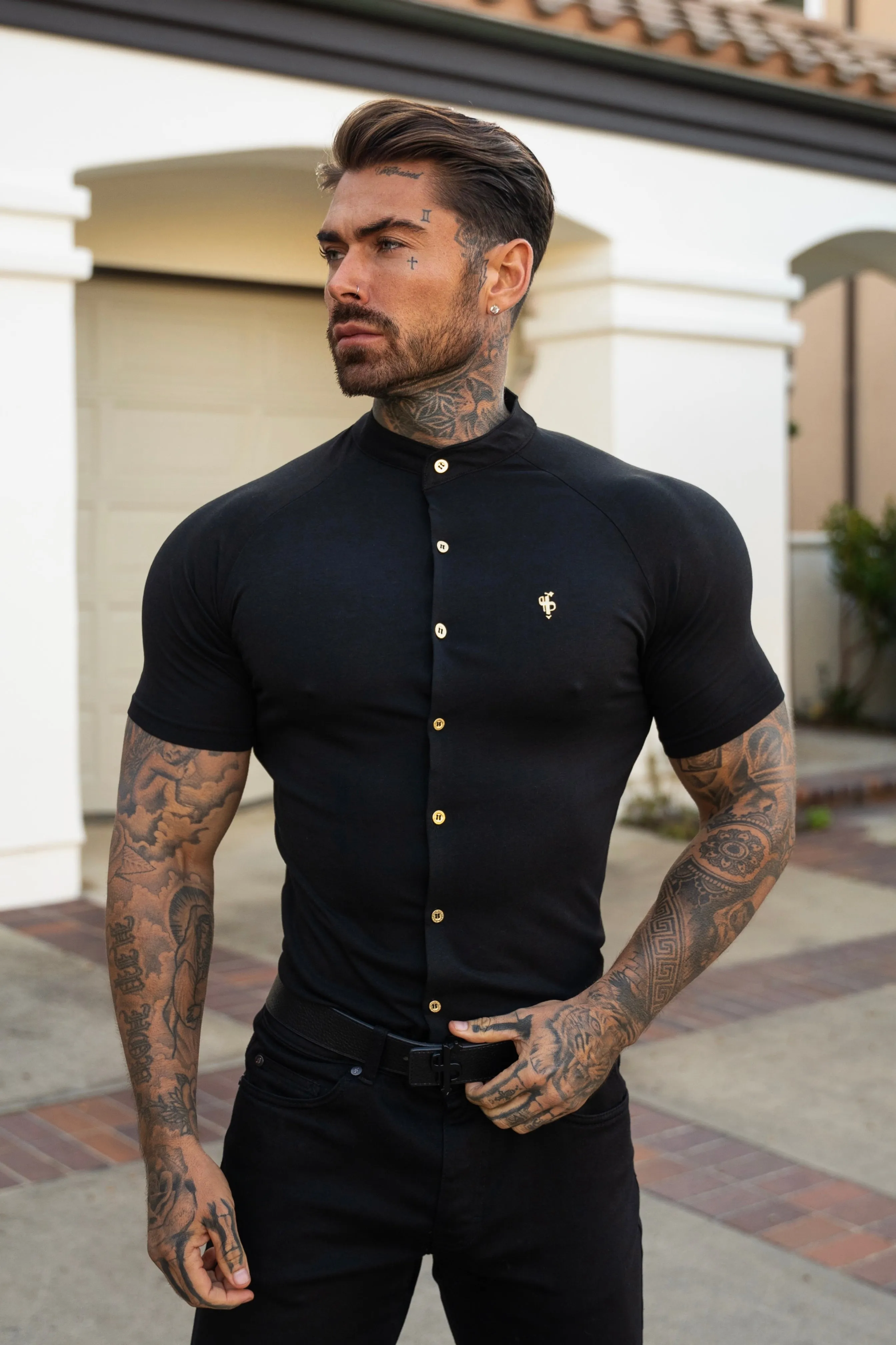 FS Slim Bamboo Raglan Grandad Collar Black - FSH1133