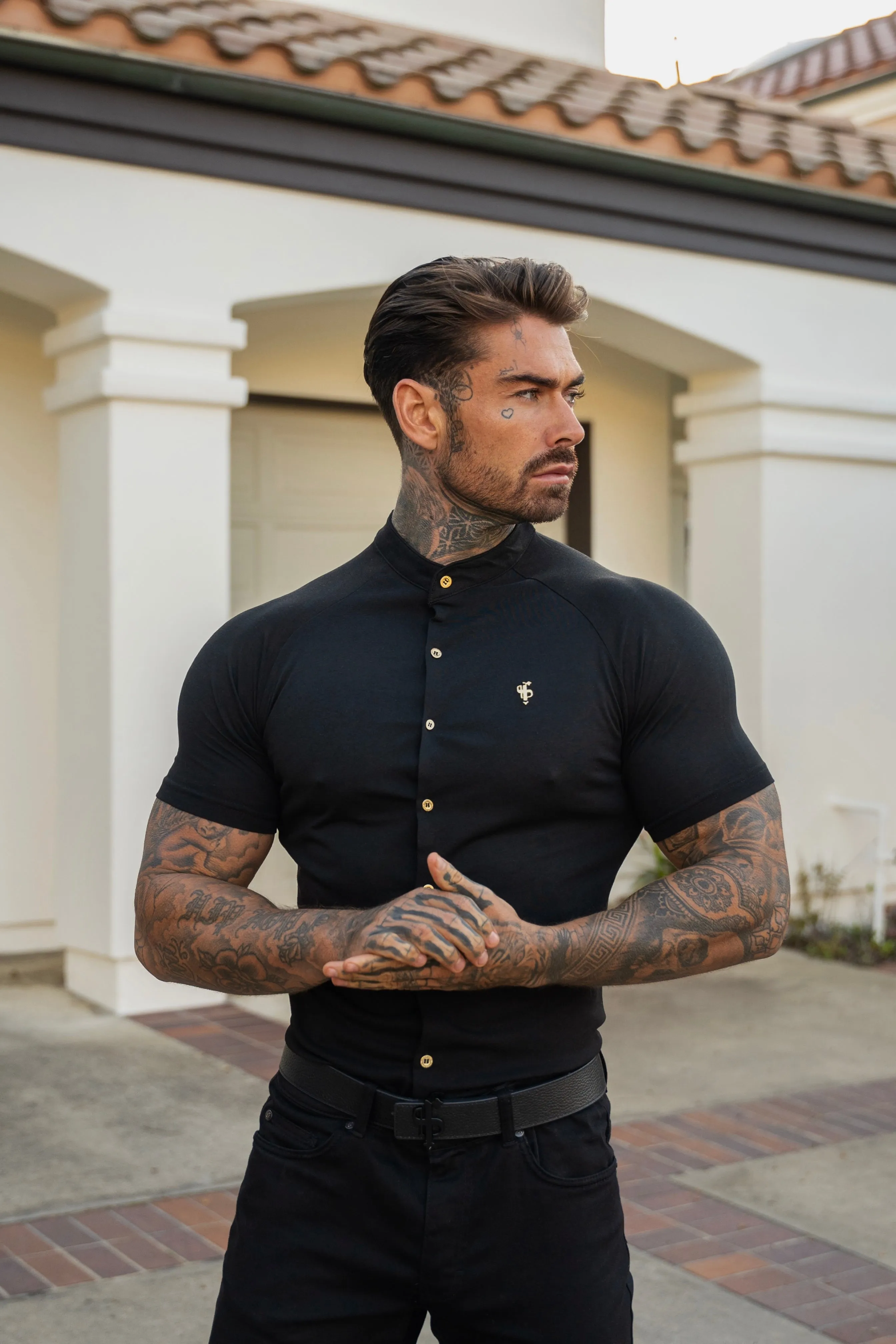 FS Slim Bamboo Raglan Grandad Collar Black - FSH1133